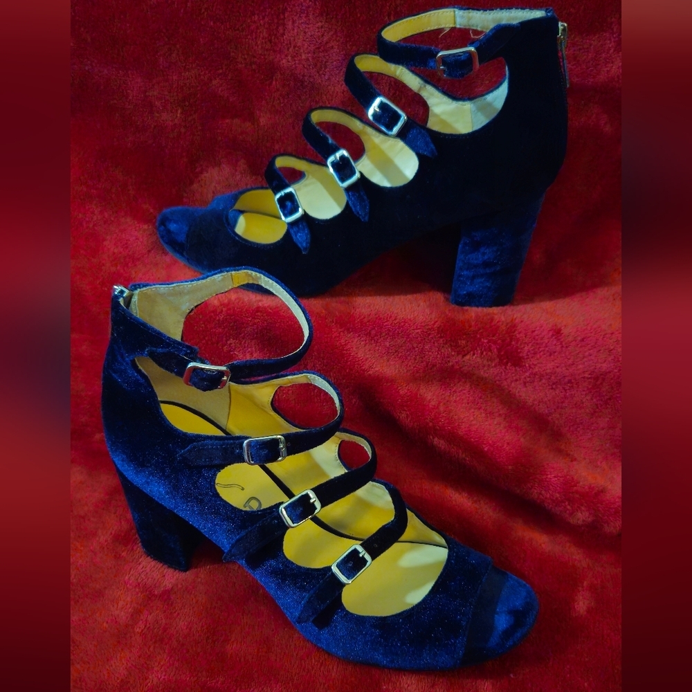 Unisa Navy Blue Velvet Strappy with Buckles Women Shoes - Size 10 - Picture 2 of 7